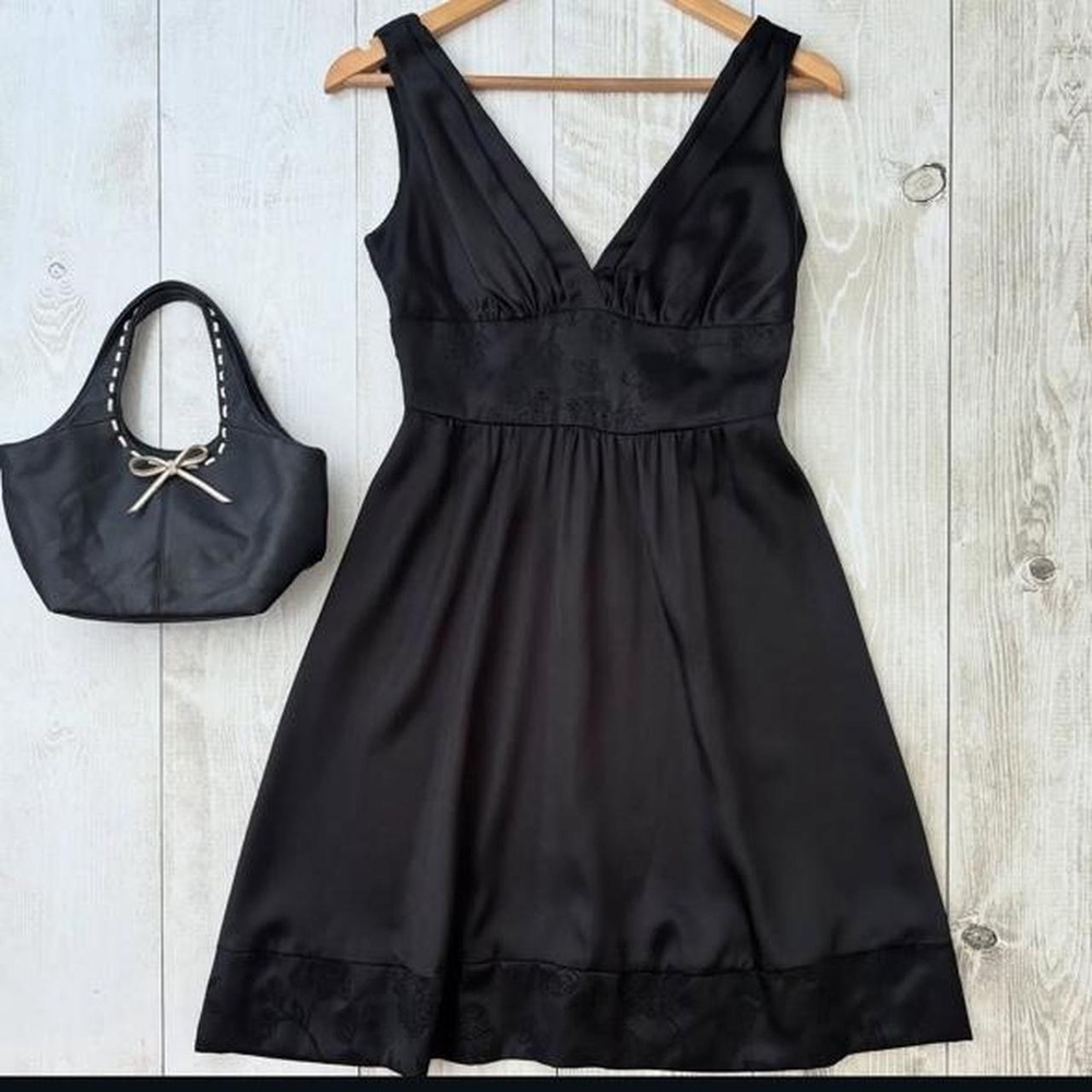 XXI Vintage Black Satin Ruched Mini Dress Floral Embroidered Goth Grunge S R1288